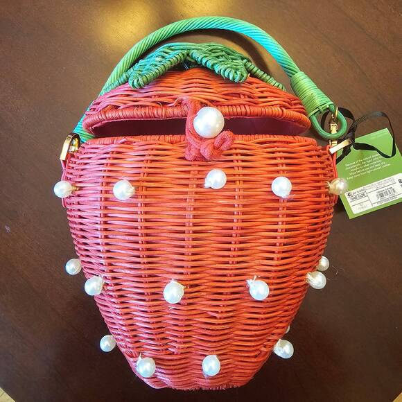 Kate Spade, Target Pearl Embellished Strawberry Basket Bucket Bag Purse Red Tote - Picture 6 of 11